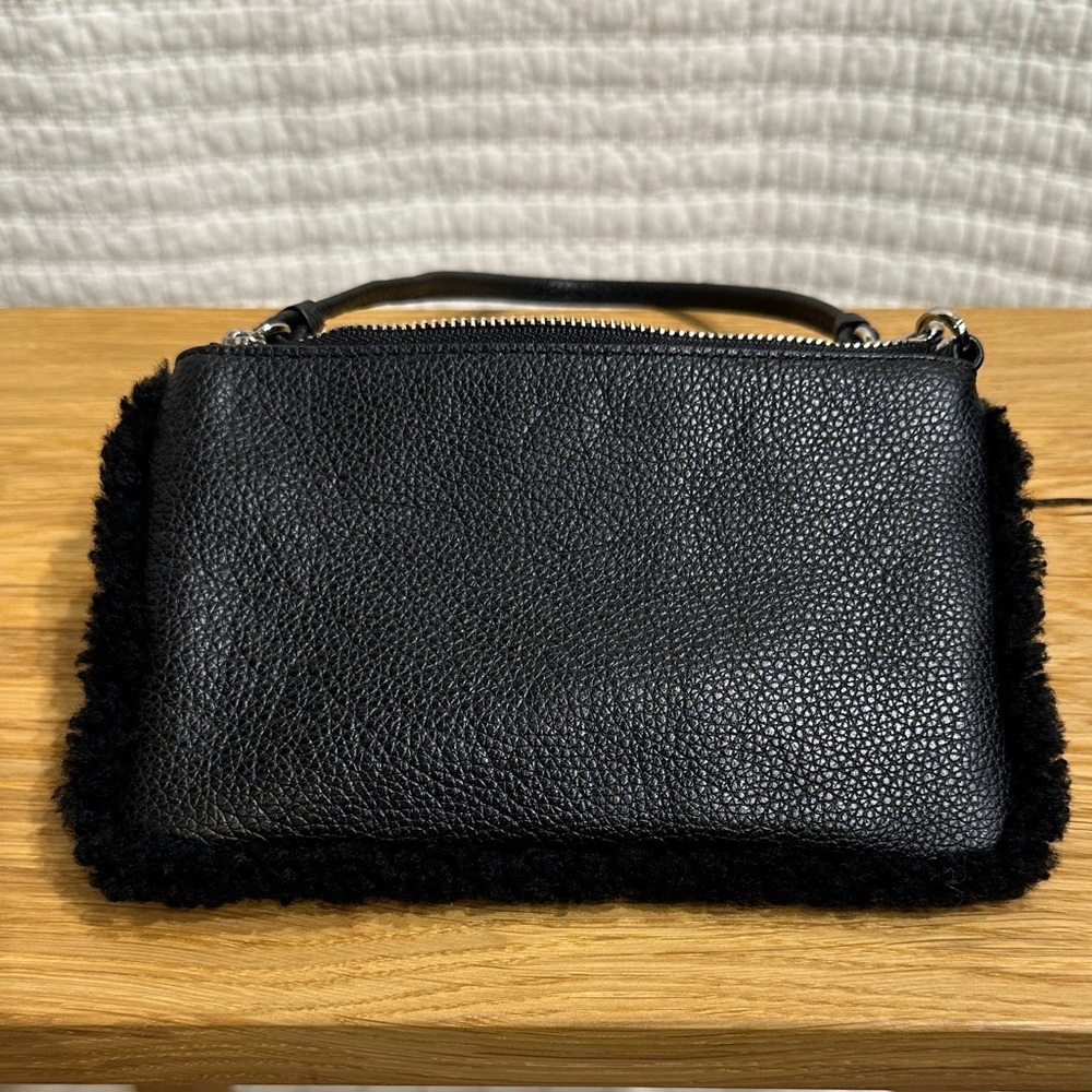 Coach Black Shearling Pebble Leather Small Wristlet Silver Hardware Pom Pom - Picture 4 of 7